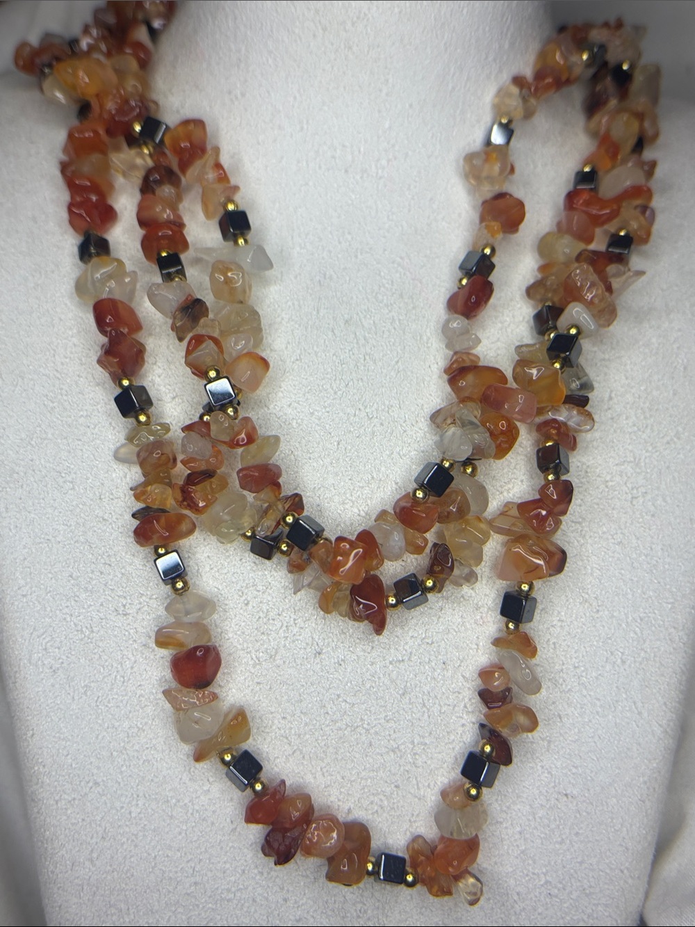 Multi-Strand Carnelian Chip Necklace with Hematite Accents - Orange